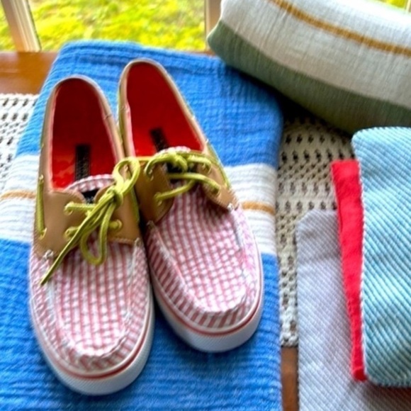 Seersucker Coral White Stripe Boat Shoes Women Size 8 New In Box Sperry Top Line - Picture 5 of 6